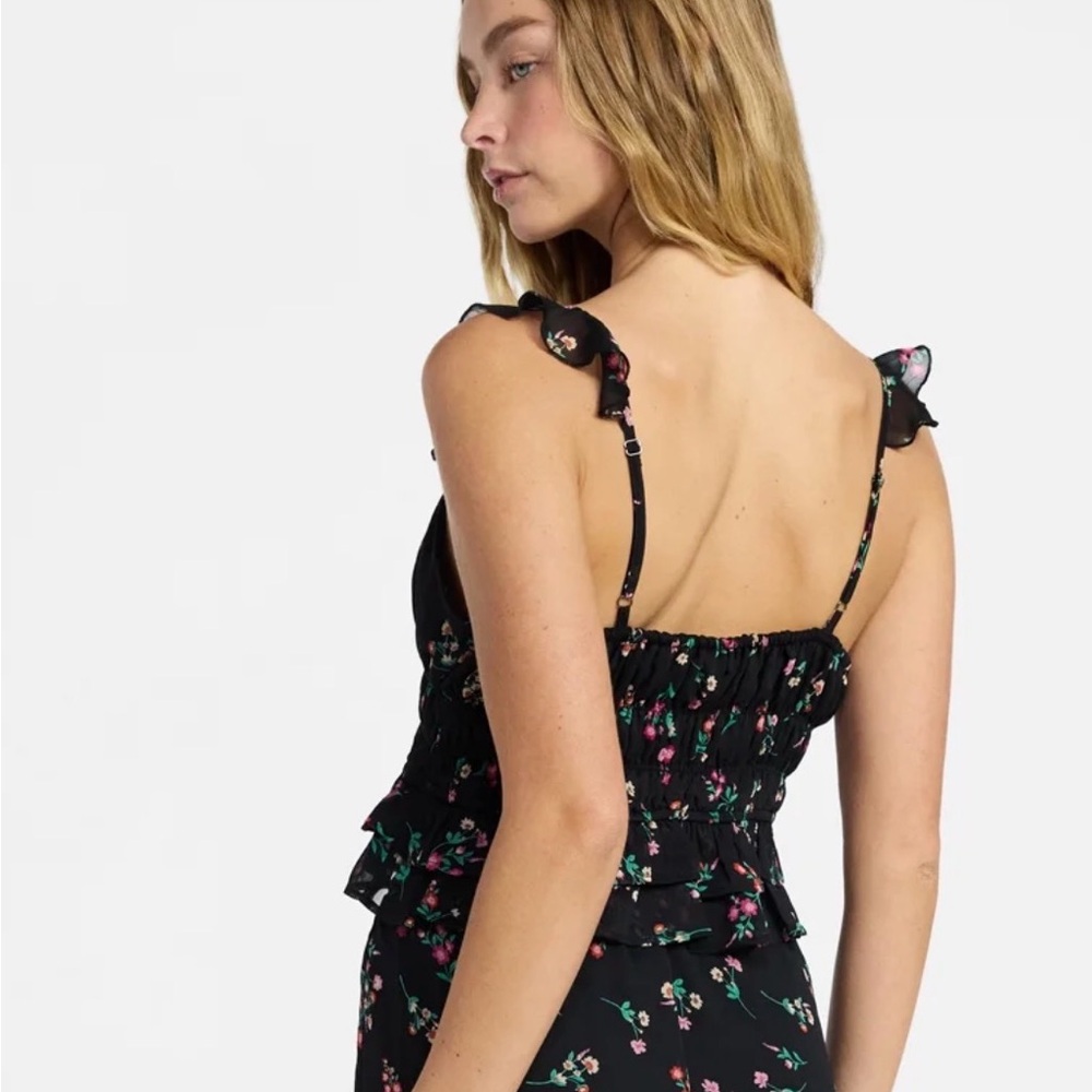 Black Floral Ruffle Strap Top